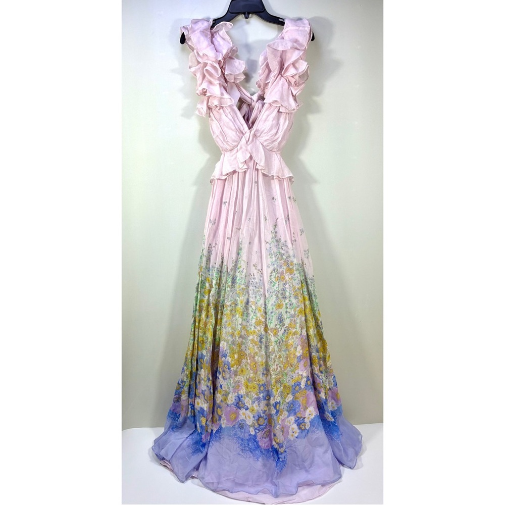 Zimmermann Floral Ruffle Linen & Silk Gown Maxi Dress Blue Meadow US 10 NWT - Picture 4 of 14